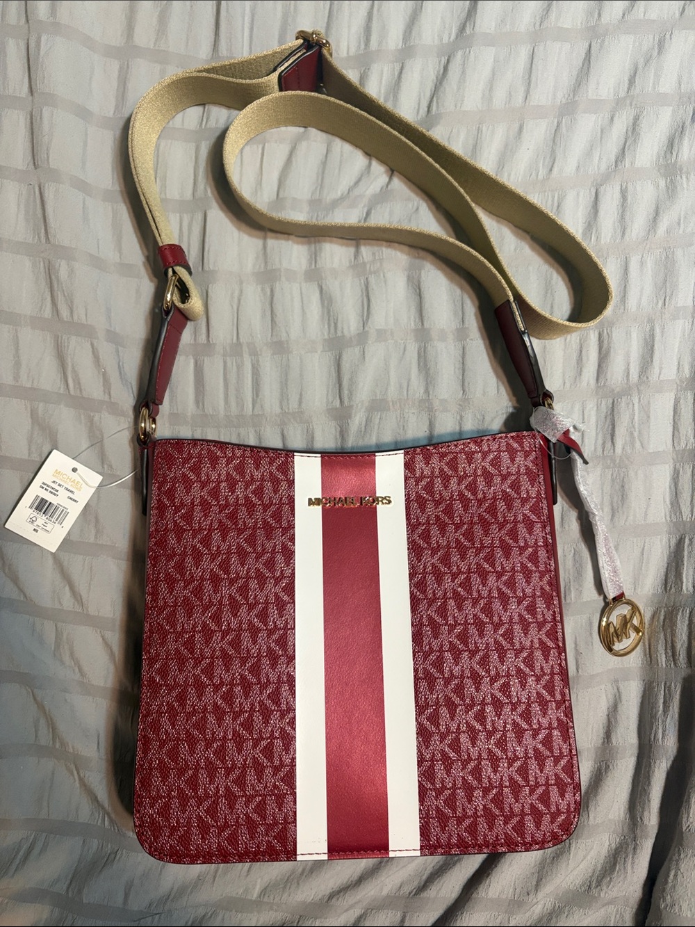 Michael Kors Burgundy and White Signature Stripe Crossbody Bag